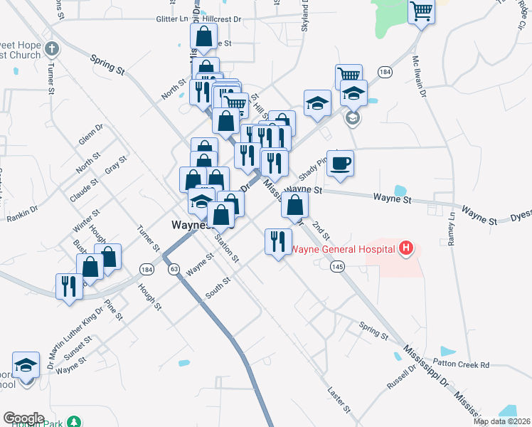 map of restaurants, bars, coffee shops, grocery stores, and more near 806 Wayne Street in Waynesboro