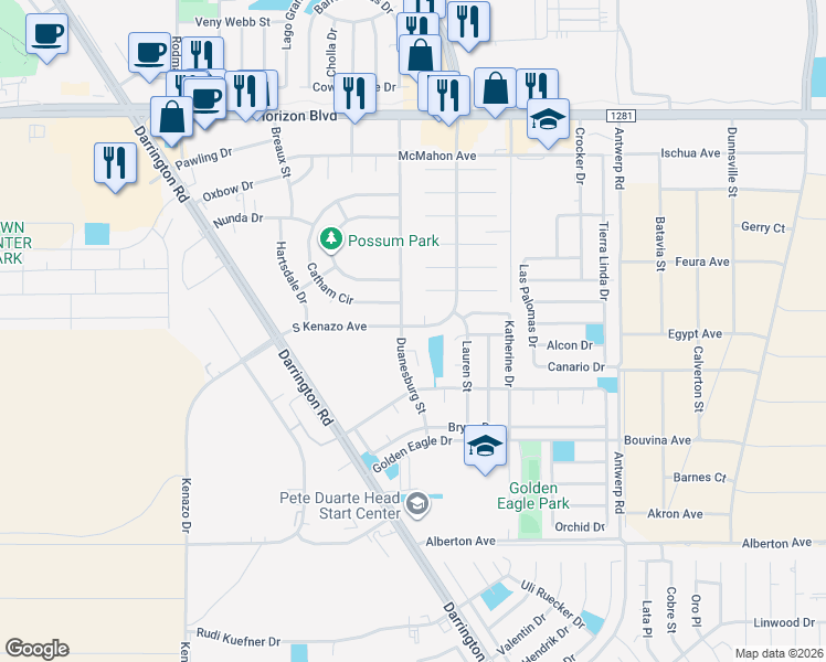 map of restaurants, bars, coffee shops, grocery stores, and more near 15304 South Kenazo Avenue in Horizon City
