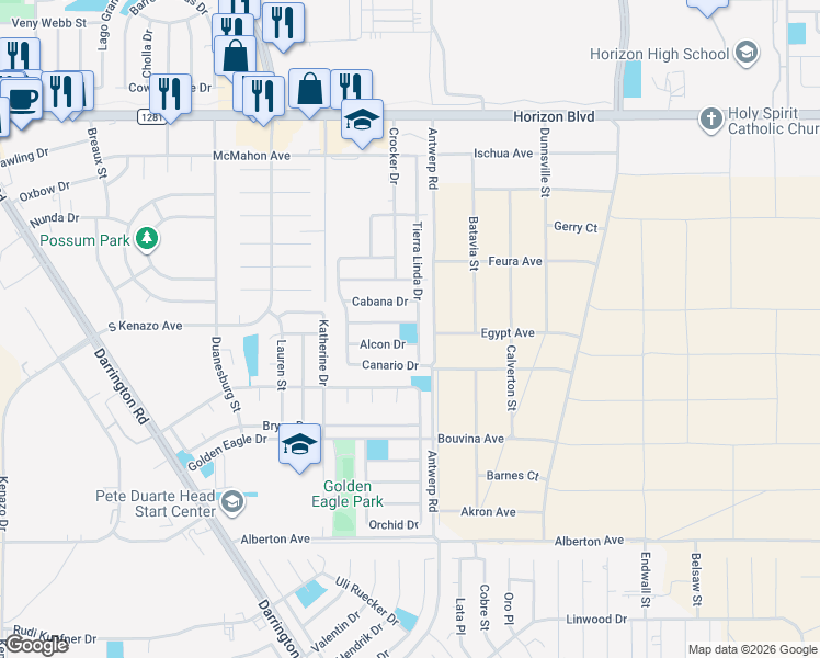 map of restaurants, bars, coffee shops, grocery stores, and more near 440 Tierra Linda Drive in Horizon City