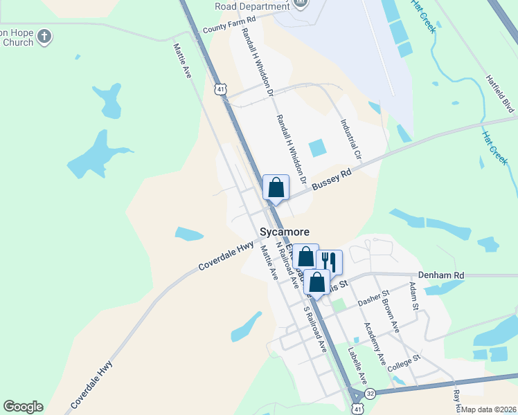 map of restaurants, bars, coffee shops, grocery stores, and more near 381 North Railroad Avenue in Sycamore