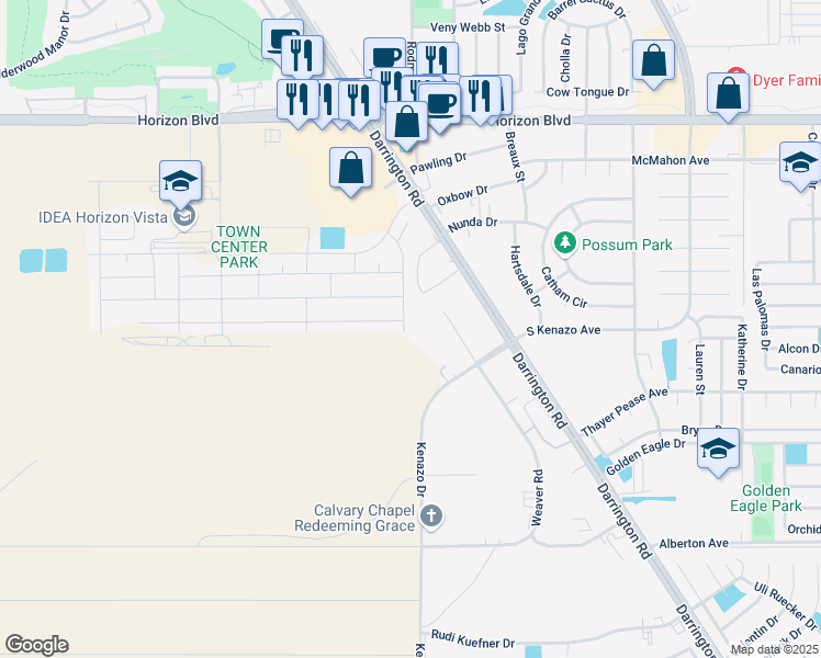 map of restaurants, bars, coffee shops, grocery stores, and more near 12460 Weaver Road in Horizon City