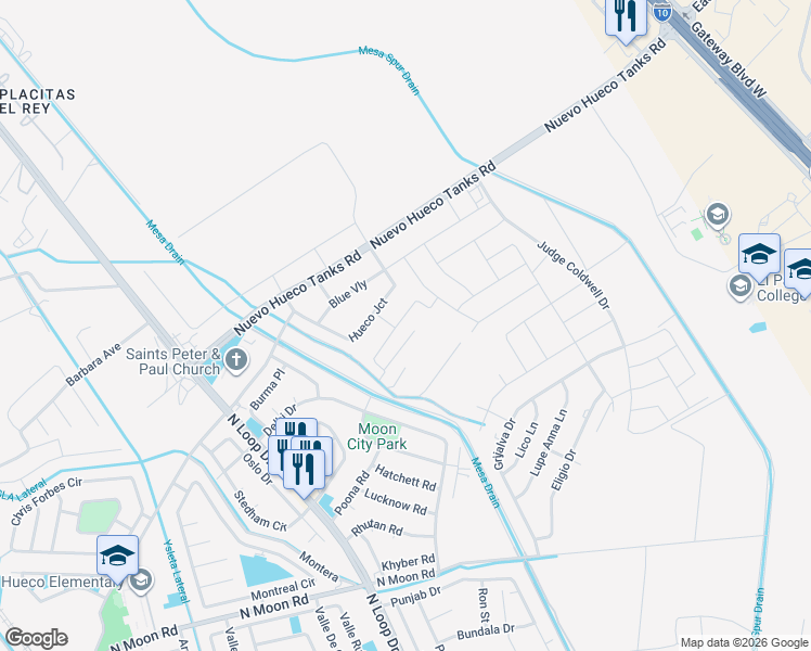 map of restaurants, bars, coffee shops, grocery stores, and more near 11032 Gem Valley in Socorro