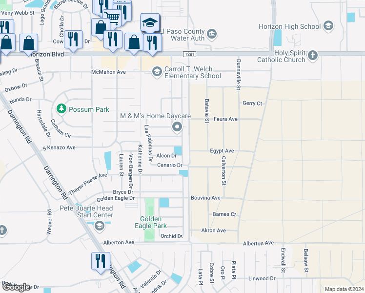 map of restaurants, bars, coffee shops, grocery stores, and more near 433 Tierra Linda Drive in Horizon City