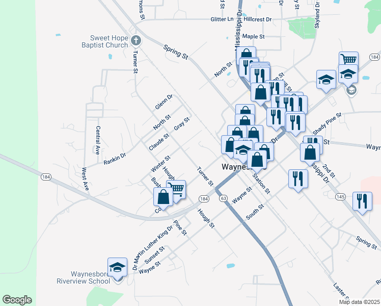 map of restaurants, bars, coffee shops, grocery stores, and more near 900-982 Turner Street in Waynesboro