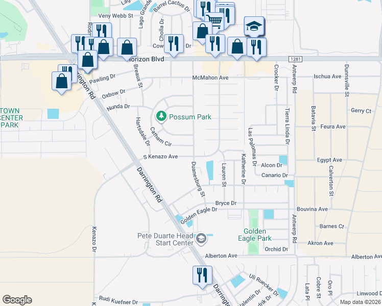 map of restaurants, bars, coffee shops, grocery stores, and more near 15304 South Kenazo Avenue in Horizon City