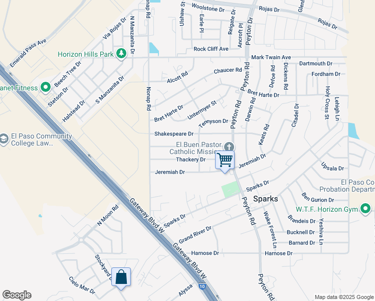 map of restaurants, bars, coffee shops, grocery stores, and more near 12772 Thackery Drive in El Paso