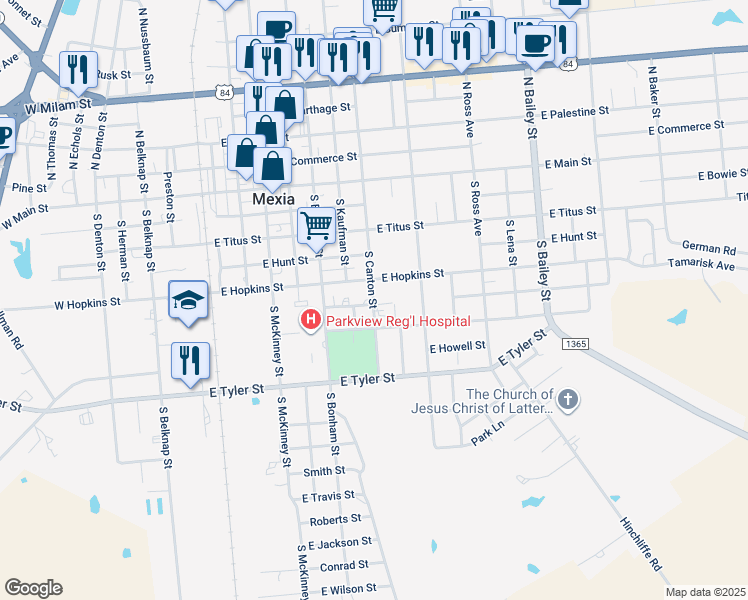 map of restaurants, bars, coffee shops, grocery stores, and more near E Glendale St in Mexia