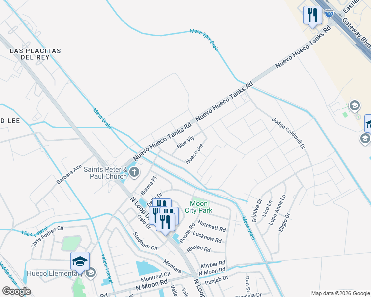 map of restaurants, bars, coffee shops, grocery stores, and more near 10053 Juan De Herrera Lateral in Socorro