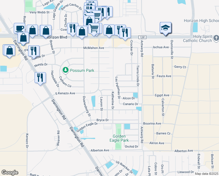 map of restaurants, bars, coffee shops, grocery stores, and more near 15349 Marburn Court in Horizon City