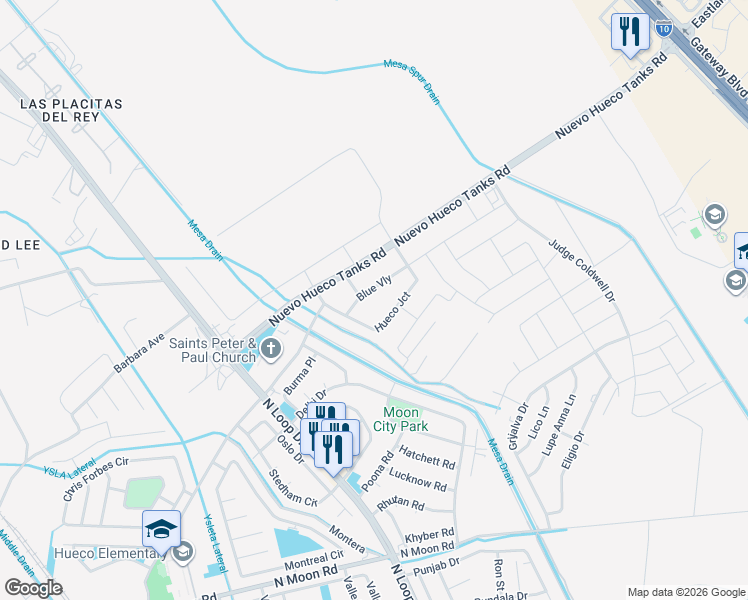 map of restaurants, bars, coffee shops, grocery stores, and more near 10053 Juan De Herrera Lateral in Socorro