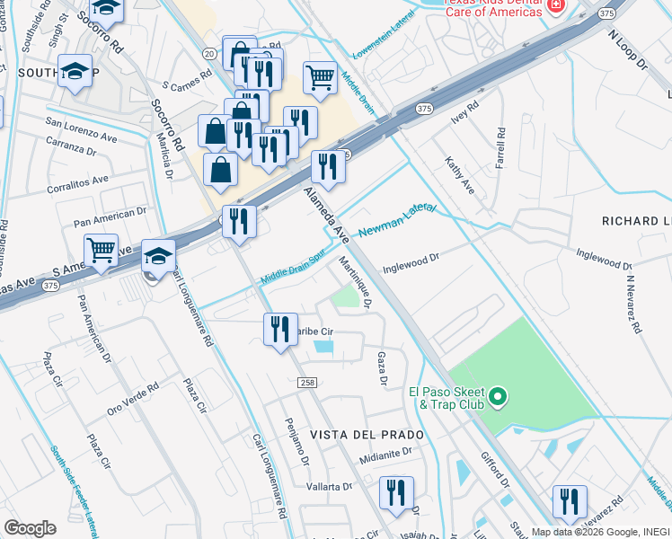 map of restaurants, bars, coffee shops, grocery stores, and more near 9545 Martinique Drive in El Paso