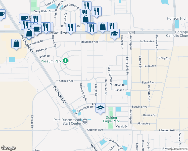map of restaurants, bars, coffee shops, grocery stores, and more near 15327 Marburn Court in Horizon City