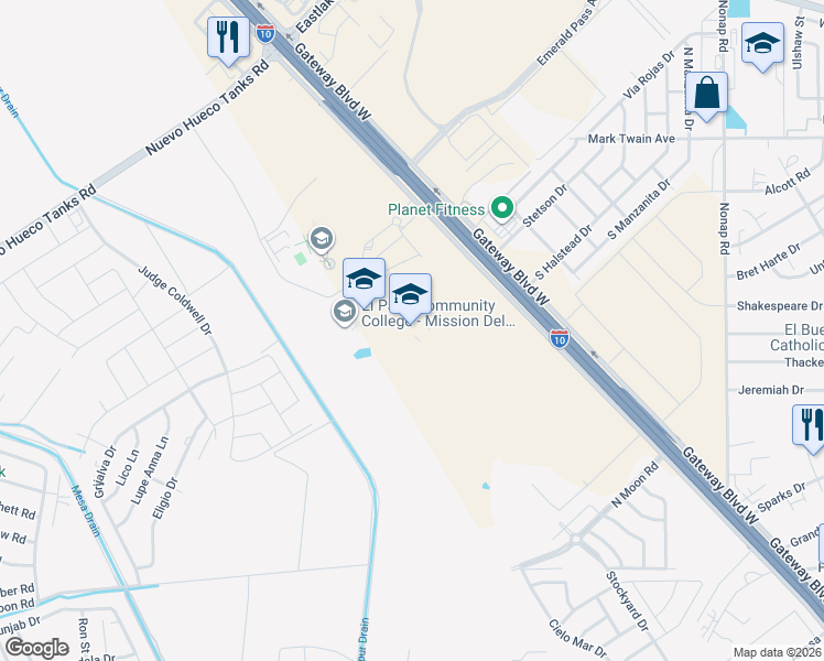 map of restaurants, bars, coffee shops, grocery stores, and more near 10700 Gateway Boulevard East in El Paso