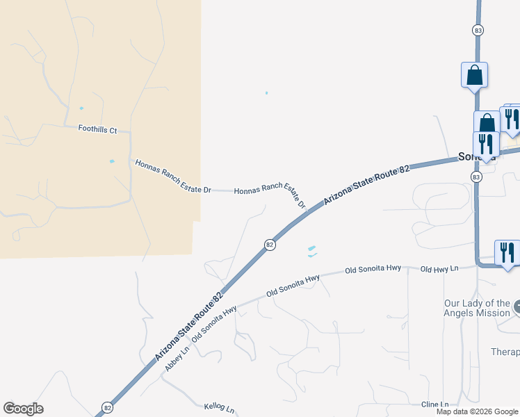 map of restaurants, bars, coffee shops, grocery stores, and more near 3128 Arizona 82 in Sonoita