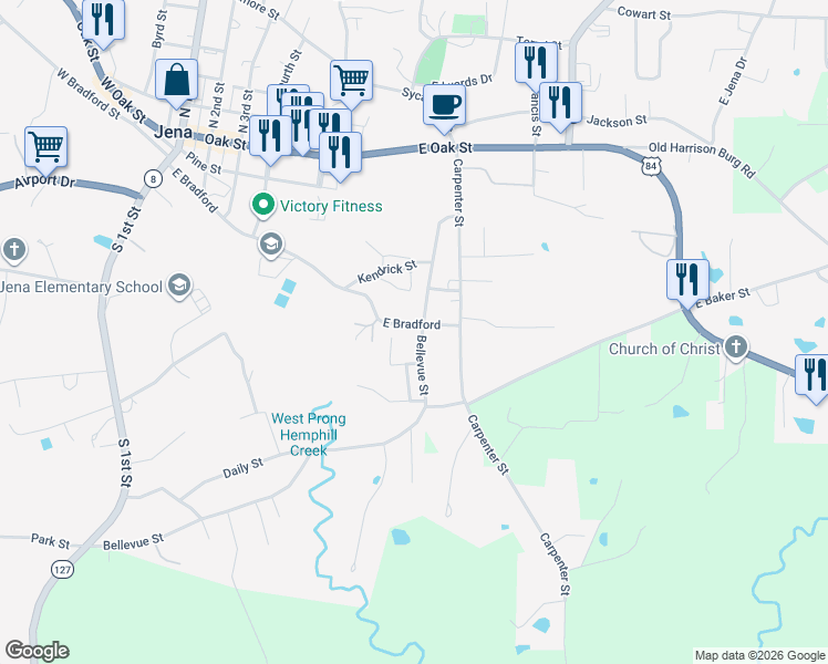 map of restaurants, bars, coffee shops, grocery stores, and more near 501-599 Bellevue Street in Jena
