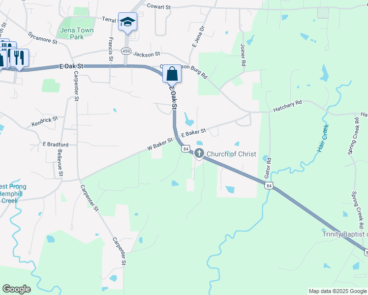 map of restaurants, bars, coffee shops, grocery stores, and more near 1941 East Oak Street in Jena
