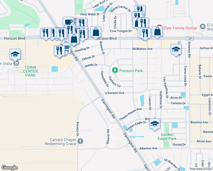 map of restaurants, bars, coffee shops, grocery stores, and more near 1593 Hartsdale Drive in Horizon City