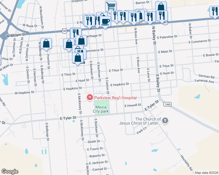 map of restaurants, bars, coffee shops, grocery stores, and more near 715 East Hopkins Street in Mexia
