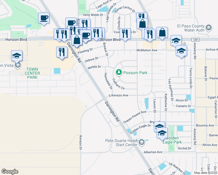 map of restaurants, bars, coffee shops, grocery stores, and more near 1593 Hartsdale Drive in Horizon City