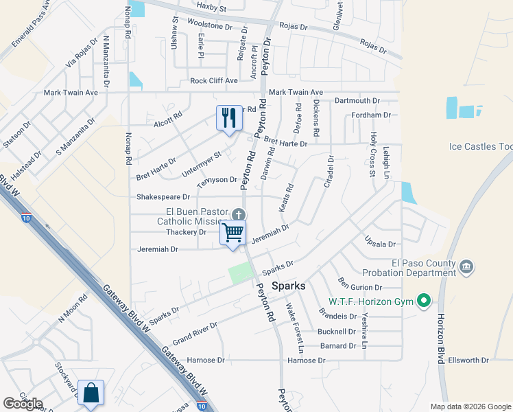 map of restaurants, bars, coffee shops, grocery stores, and more near 12926 Shakespeare Drive in El Paso