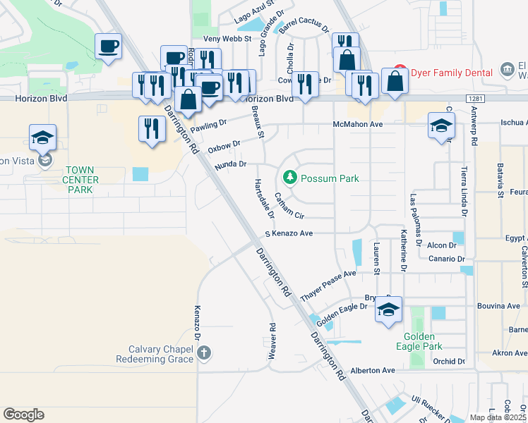 map of restaurants, bars, coffee shops, grocery stores, and more near 1593 Hartsdale Drive in Horizon City