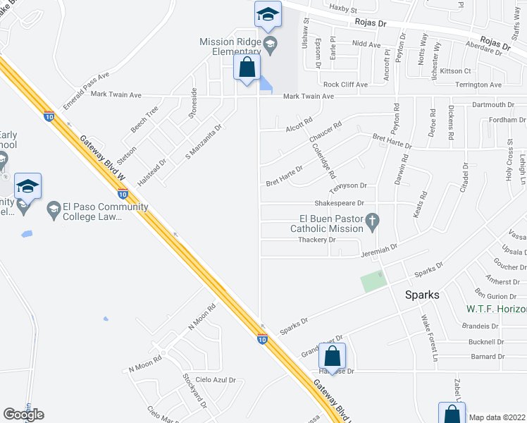 map of restaurants, bars, coffee shops, grocery stores, and more near 12700 Shakespeare Drive in El Paso