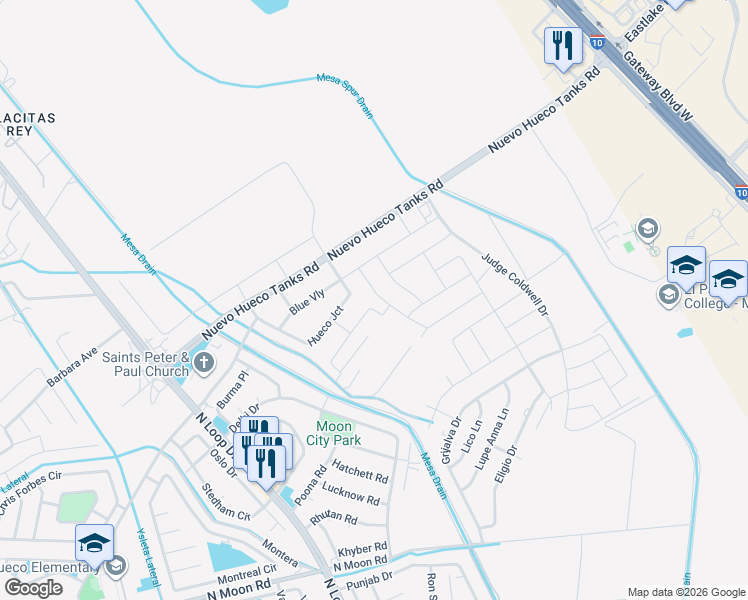 map of restaurants, bars, coffee shops, grocery stores, and more near 10112 Red Valley in Socorro