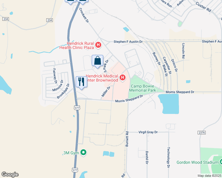 map of restaurants, bars, coffee shops, grocery stores, and more near 100 Miller Drive in Brownwood