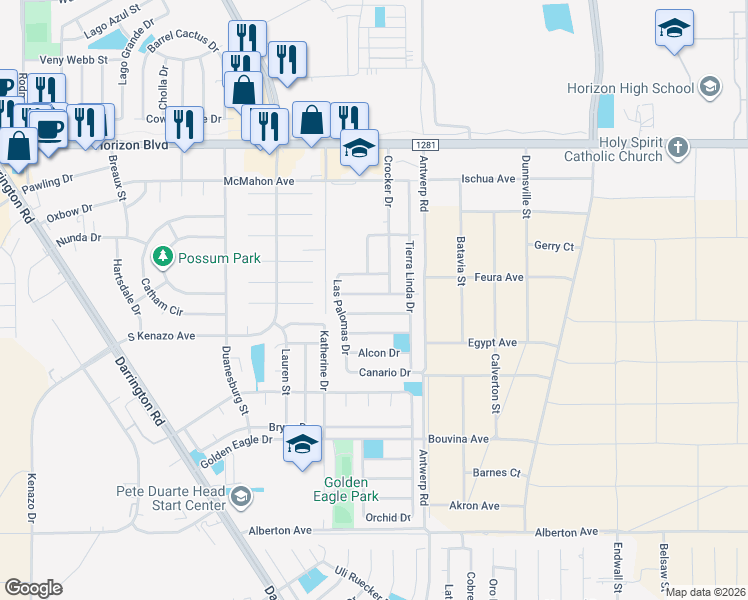 map of restaurants, bars, coffee shops, grocery stores, and more near 14504 Encantado Drive in Horizon City