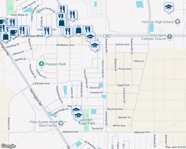 map of restaurants, bars, coffee shops, grocery stores, and more near 14504 Encantado Drive in Horizon City