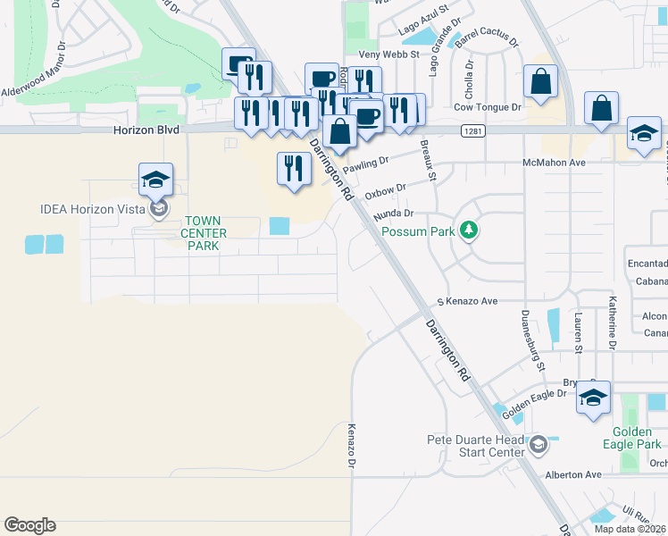map of restaurants, bars, coffee shops, grocery stores, and more near 360 Canyon Vista Drive in Horizon City