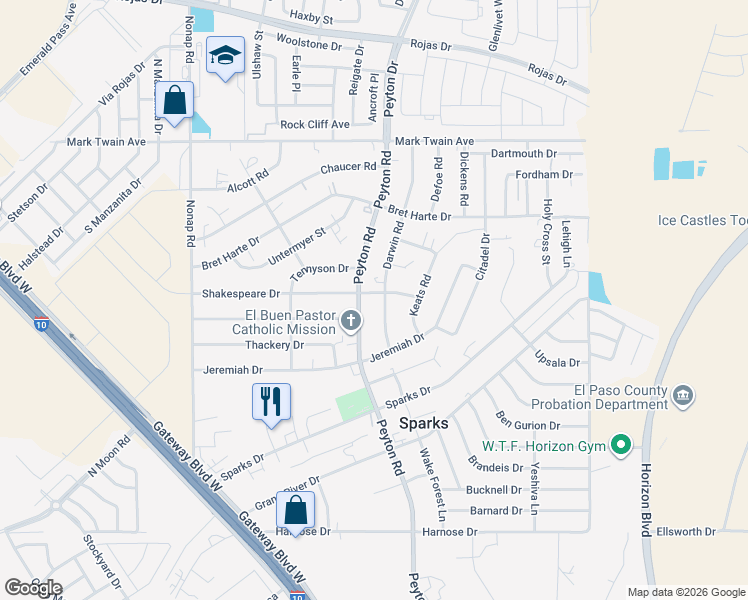 map of restaurants, bars, coffee shops, grocery stores, and more near 12926 Shakespeare Drive in El Paso