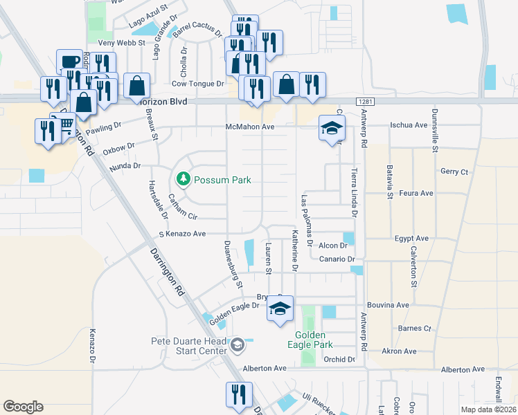 map of restaurants, bars, coffee shops, grocery stores, and more near 15327 Marburn Court in Horizon City