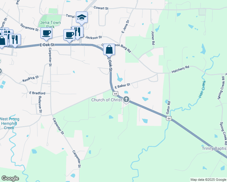map of restaurants, bars, coffee shops, grocery stores, and more near 1941 East Oak Street in Jena