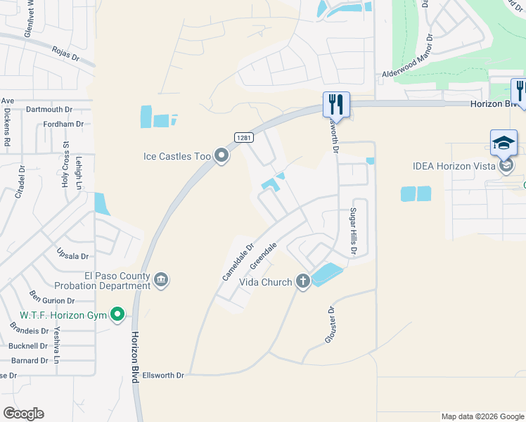 map of restaurants, bars, coffee shops, grocery stores, and more near 201 Horizon Point Circle in El Paso