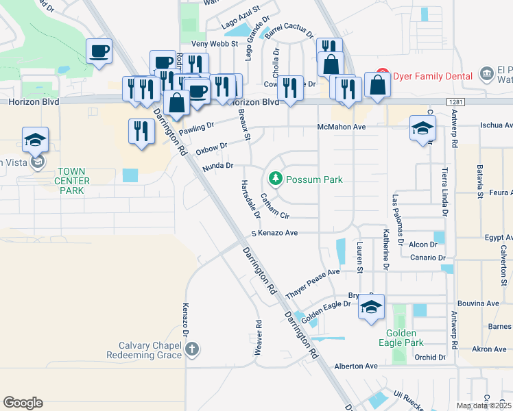 map of restaurants, bars, coffee shops, grocery stores, and more near 1593 Hartsdale Drive in Horizon City