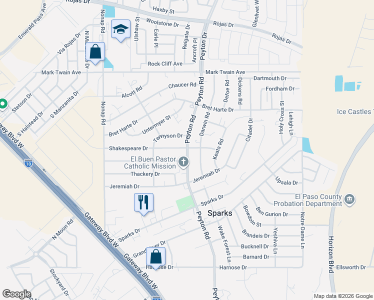 map of restaurants, bars, coffee shops, grocery stores, and more near 12926 Shakespeare Drive in El Paso