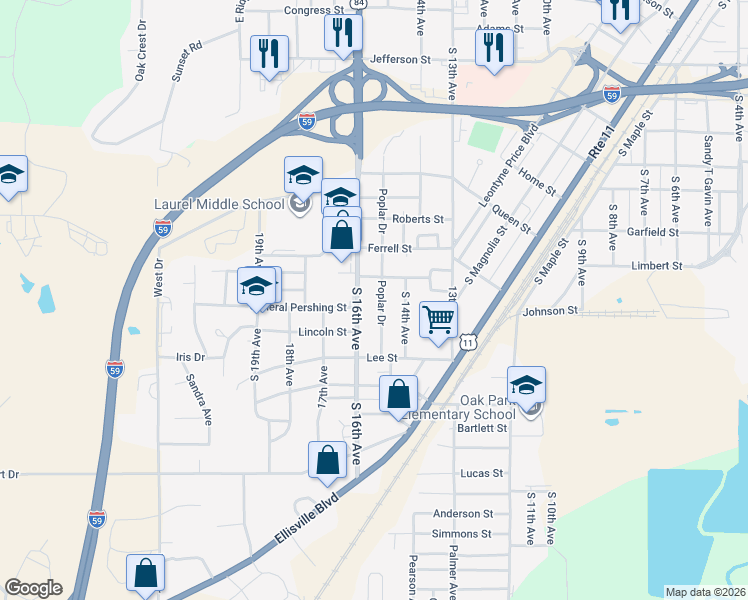 map of restaurants, bars, coffee shops, grocery stores, and more near 901-937 South 16th Avenue in Laurel