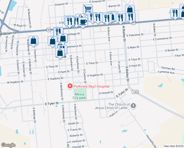 map of restaurants, bars, coffee shops, grocery stores, and more near 715 East Hopkins Street in Mexia