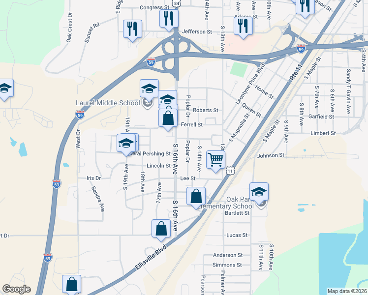 map of restaurants, bars, coffee shops, grocery stores, and more near 901-937 South 16th Avenue in Laurel