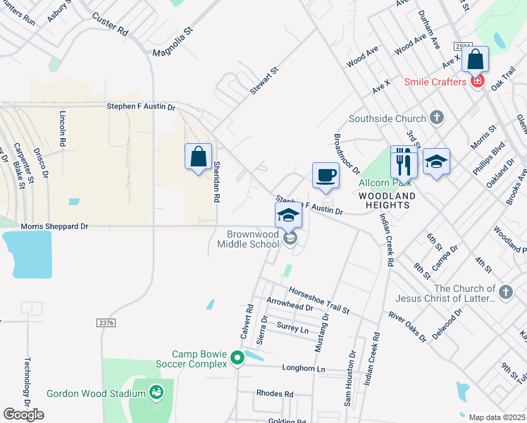 map of restaurants, bars, coffee shops, grocery stores, and more near 1605 Calvert Road in Brownwood