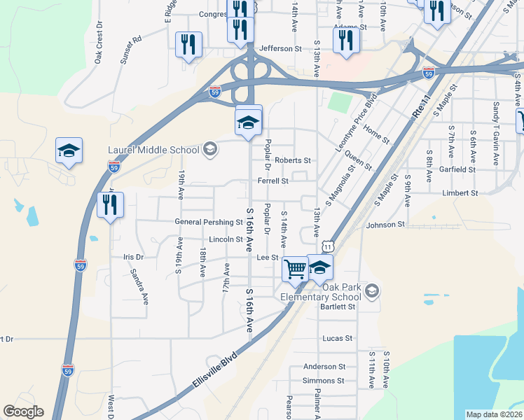 map of restaurants, bars, coffee shops, grocery stores, and more near 901-937 South 16th Avenue in Laurel