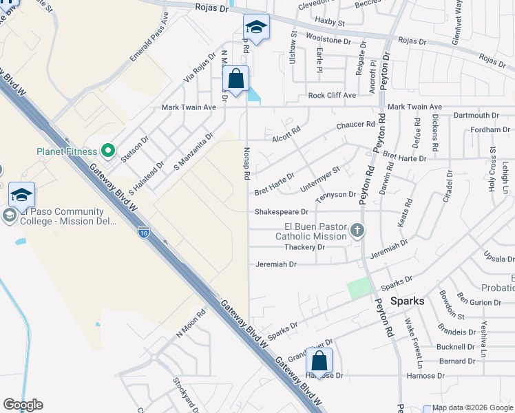 map of restaurants, bars, coffee shops, grocery stores, and more near 12700 Shakespeare Drive in El Paso