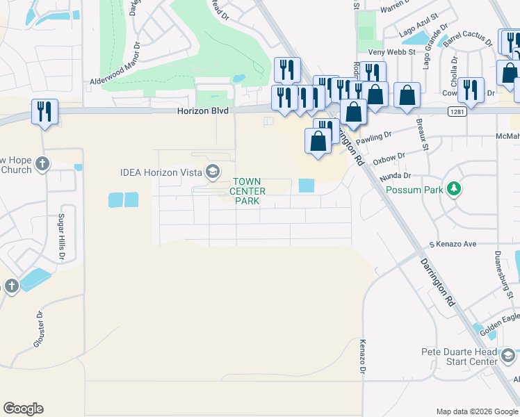 map of restaurants, bars, coffee shops, grocery stores, and more near Park Vista Place in Horizon City
