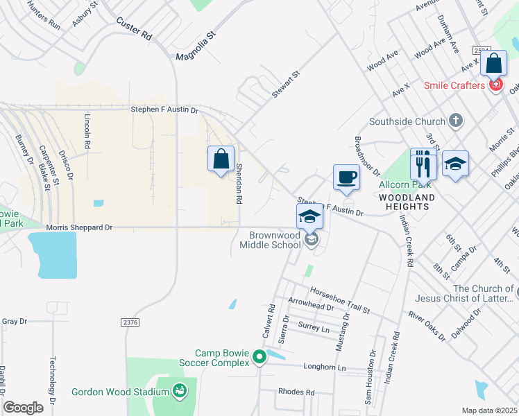 map of restaurants, bars, coffee shops, grocery stores, and more near 119 Green Oaks Mh Park in Brownwood