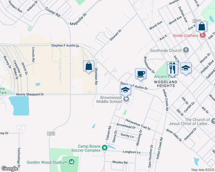 map of restaurants, bars, coffee shops, grocery stores, and more near 1605 Calvert Road in Brownwood