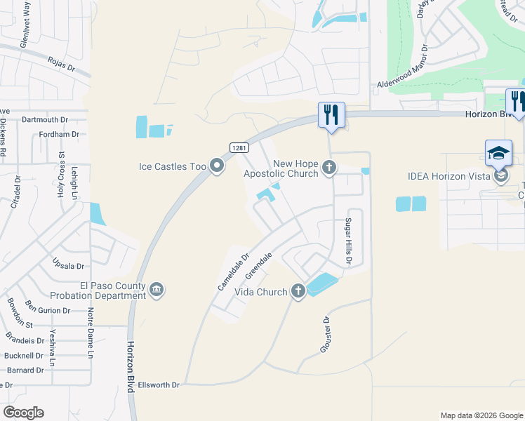 map of restaurants, bars, coffee shops, grocery stores, and more near 201 Horizon Point Circle in El Paso