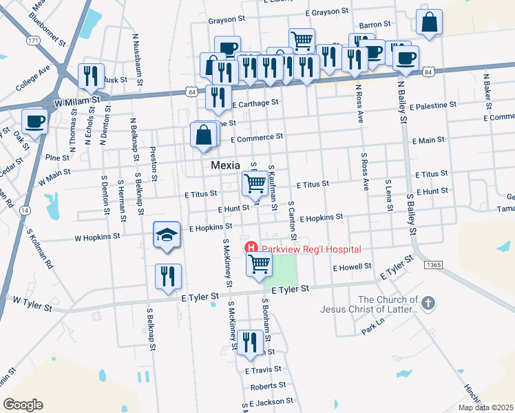 map of restaurants, bars, coffee shops, grocery stores, and more near 401 South Bonham Street in Mexia