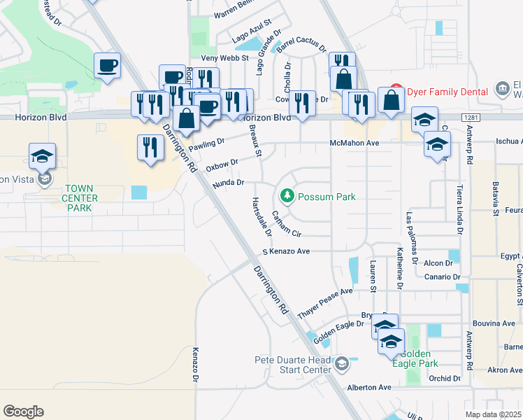 map of restaurants, bars, coffee shops, grocery stores, and more near 1595 Catham Circle in Horizon City