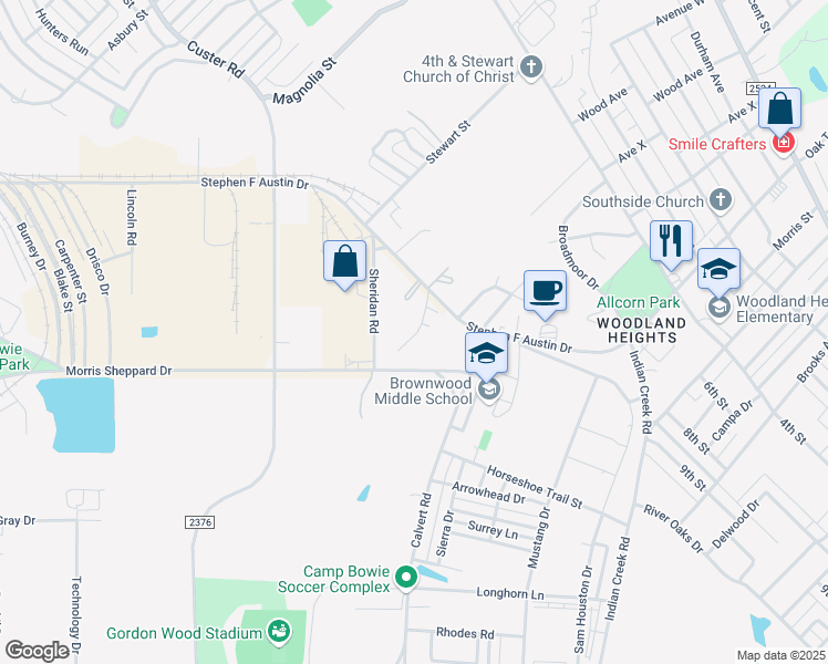 map of restaurants, bars, coffee shops, grocery stores, and more near 134 Green Oaks Mh Park in Brownwood